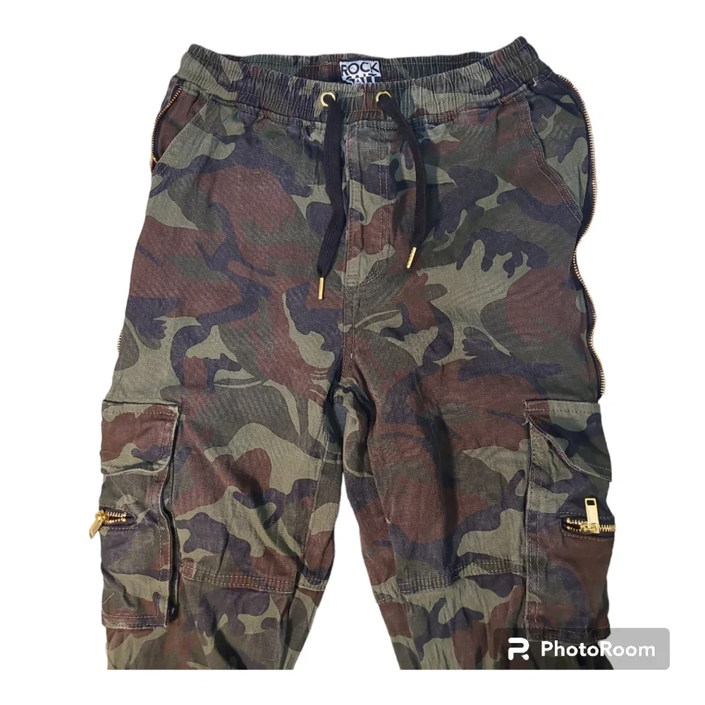 Rock Salt Ruched Camo Cargo Drawstring Pants Size Large - Picture 2 of 7